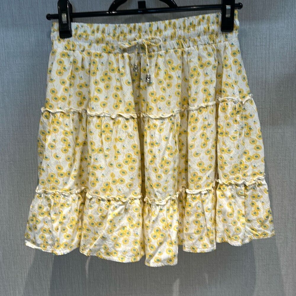 Princess Polly Floral Skirt Sz 8 Elastic Waist Tiered Short Mini White Yellow